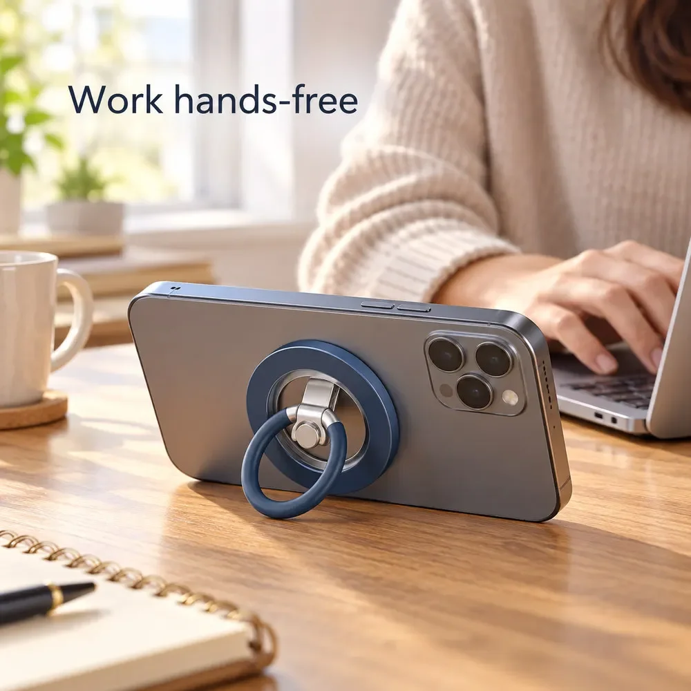 Foldable Magnetic Phone Ring Holder, 360 Degree Rotating Finger Grip and Metal Kickstand, Double Sided Mount for Desktop Viewing
