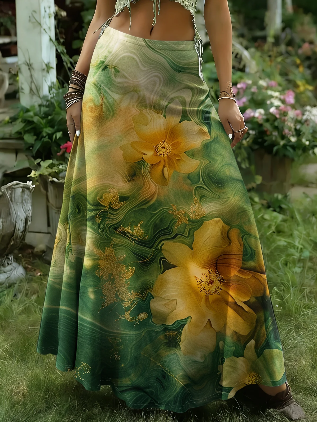 Plus Size, Women's Plus Size Elegant Bohemian Style Simple Floral Print Skirt