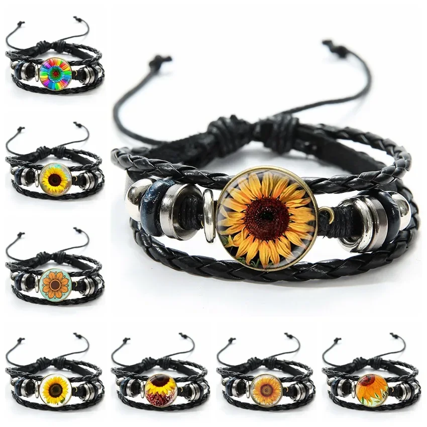 Fashion Jewelry Leather Bracelet Sunflower Glass Pendant Leather Bracelet Woven Handpiece A Great Gift