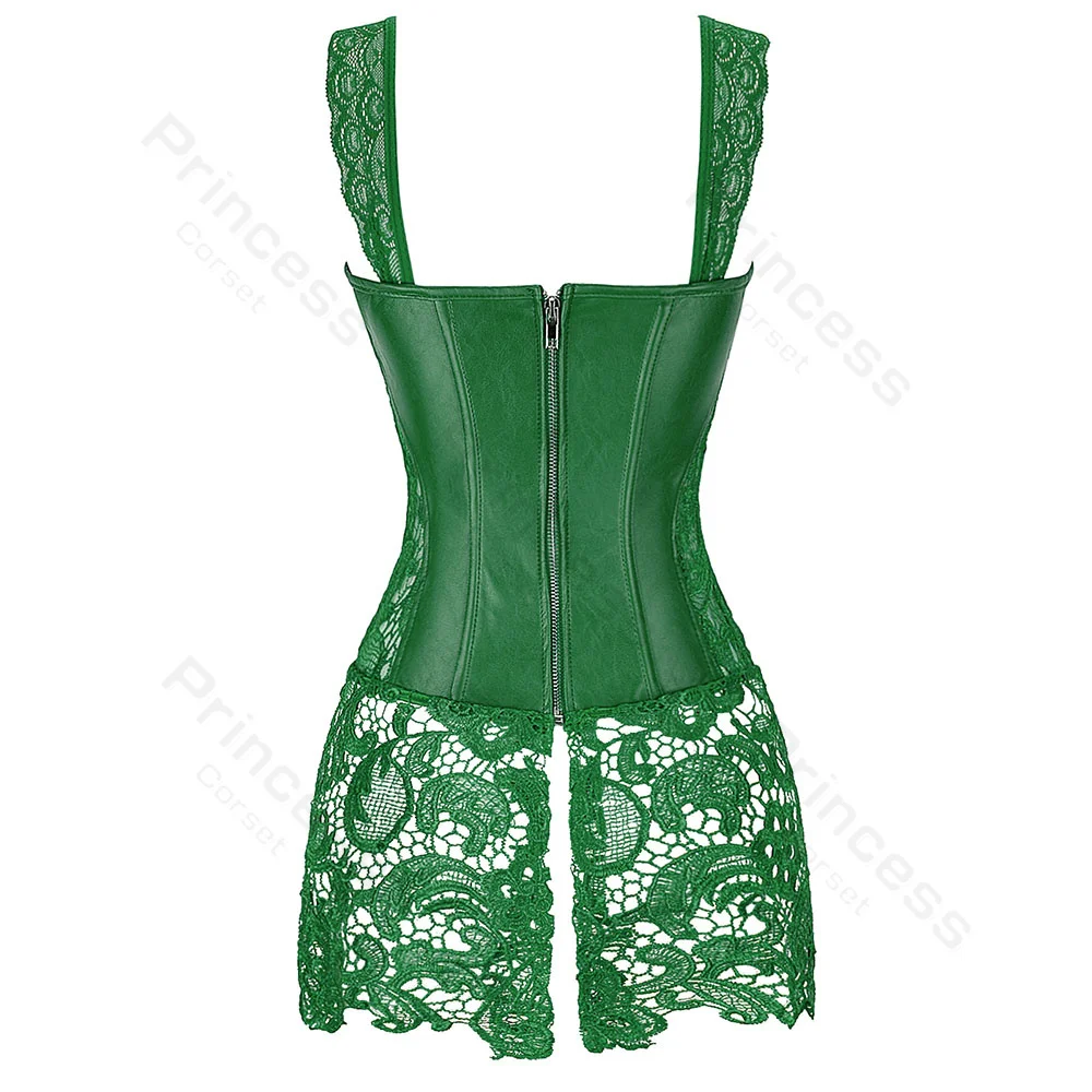 Corset with Straps Faux Leather Dress Corsets for Women Lace Up Gothic Costume Sexy Lace Bodice Corset Top Plus Size Green Black