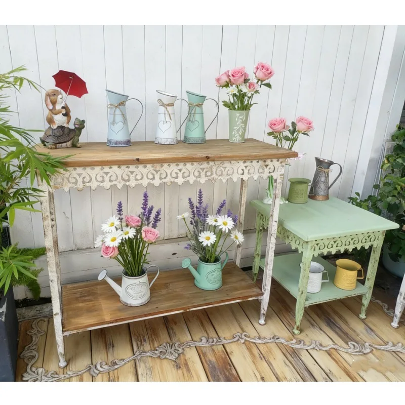 Foreign trade explosion villa courtyard solid wood croissant lace edge double-layer square table rectangular flower stand