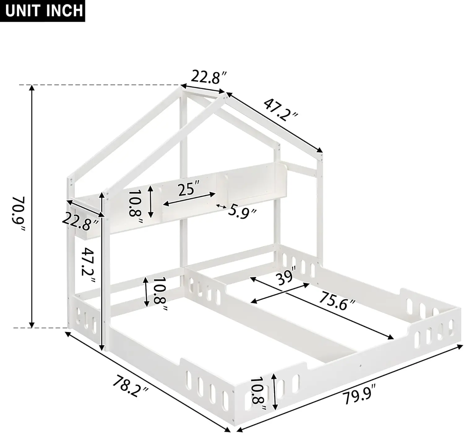 Wood Twin Size House Platform Beds, Two Shared Beds With Shelves And Guardrail, Creamy White