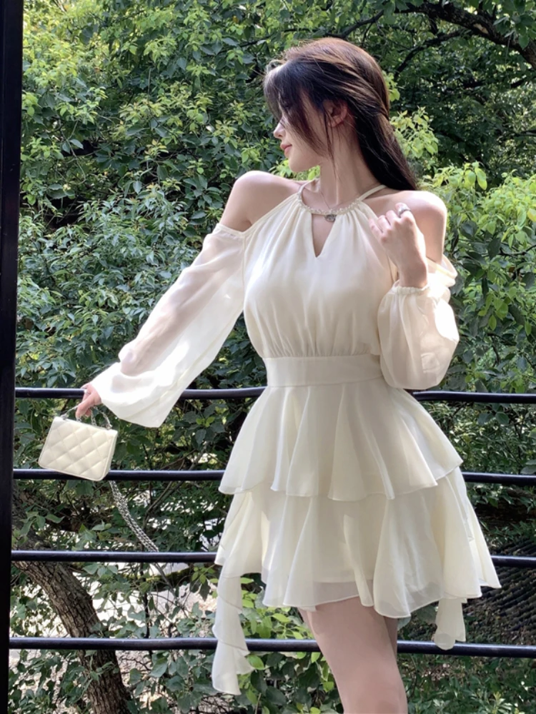 Halter Dresses Women Solid Fairycore Pleated Spring Summer Hotsweet Popular Exquisite French Style Retro Street Simple Daily