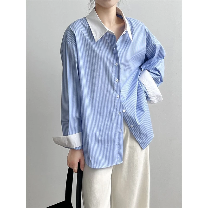 Spring Autumn Blue White Striped Contrast Blouse Long Sleeve Polo Neck Loose Trend Shirt Tops Fashion Temperament Women Clothing