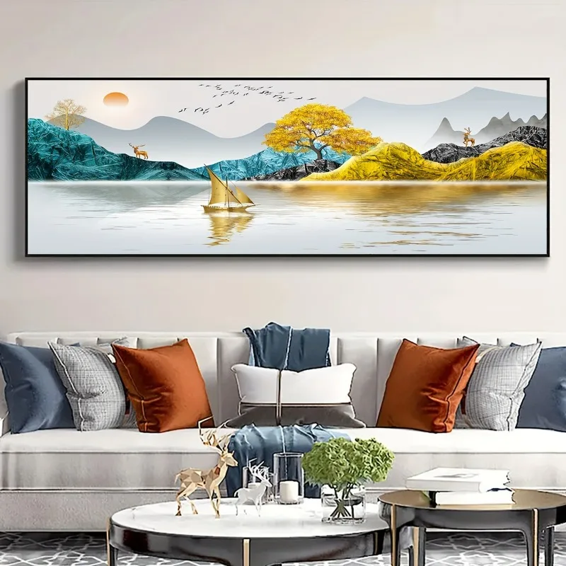 

Abstract Sunrise Golden Mountains Lakes Sailboat Canvas Wall Art Serene Landscape Poster for Living Room, Bedroom, Office Decor