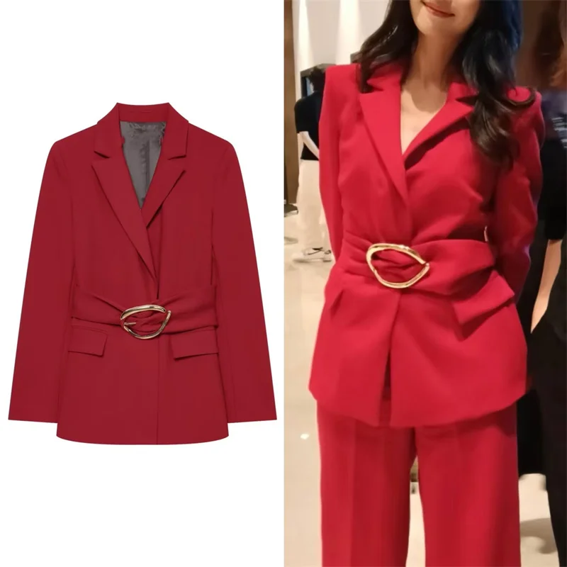 Guobioziy 2026 Women's Jacket Fall/Winter New Red Long-Sleeve Belted Loose Blazer Trendy and Fashionable