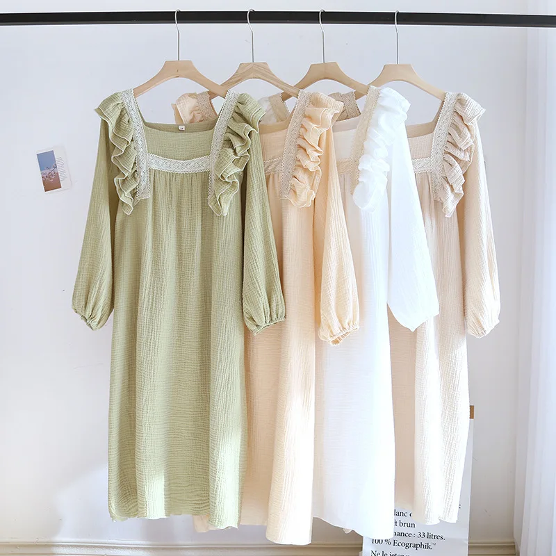 Spring/Summer New Ladies 100% Cotton Crepe Nightdress Thin Lotus Leaf Sleeves Square Neck Solid Color Long Dress Large Size