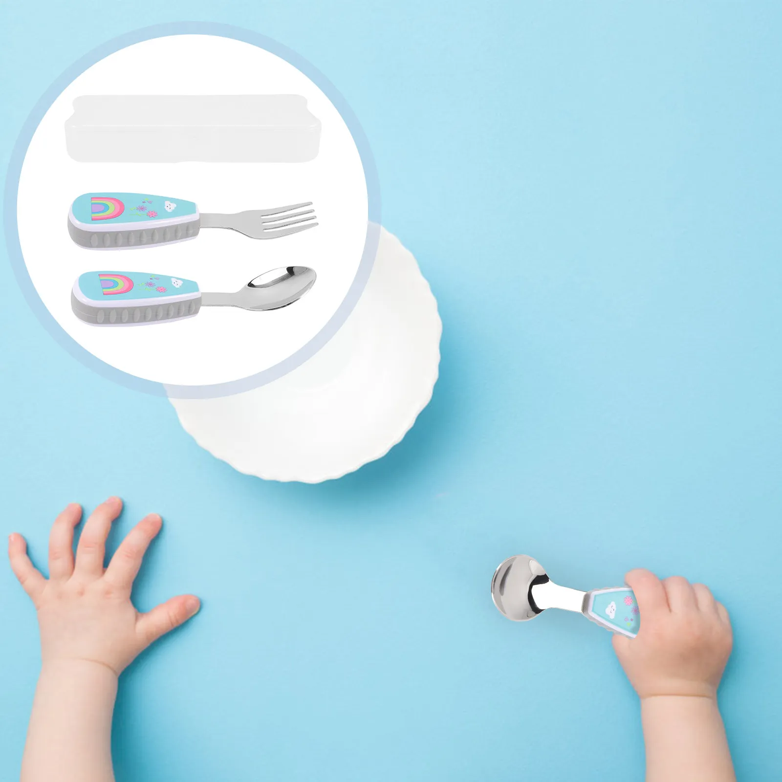 

1 Set Baby Feeding Fork Spoon Set Safe Toddler Utensils Smooth Rounded Edges Storage Box Self Feeding Eating Training Tableware