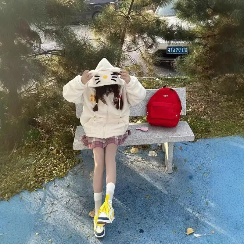 كيتي القط التطريز مقنعين القطن لامب الصوف معطف Y2K المرأة سستة الاتجاه سترة النساء الشتاء سميكة الملابس الدافئة