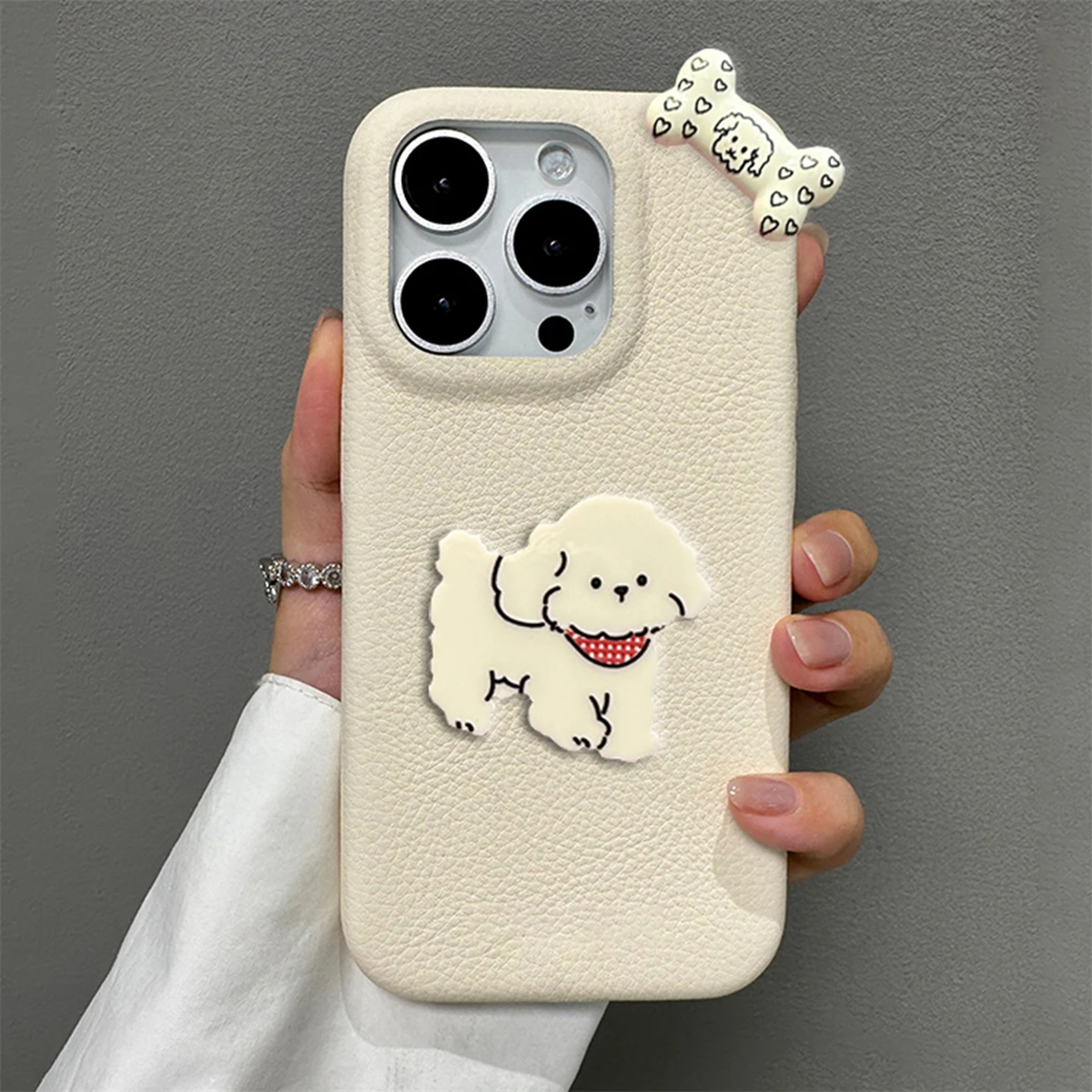 Korea Cute Cartoon 3D Dog Bone Litchi Pattern Phone Case For iPhone 16 15 13 14 12 11 Pro Max Lovely Puppy Soft Shockproof Cover