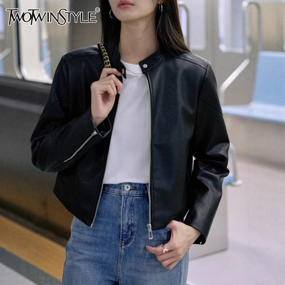 

TWOTWINSTYLE черная куртка на молнии, женская куртка с воротником-стойкой и длинными рукавами, утягивающая уличная одежда, крутые женские куртки, осенняя мода