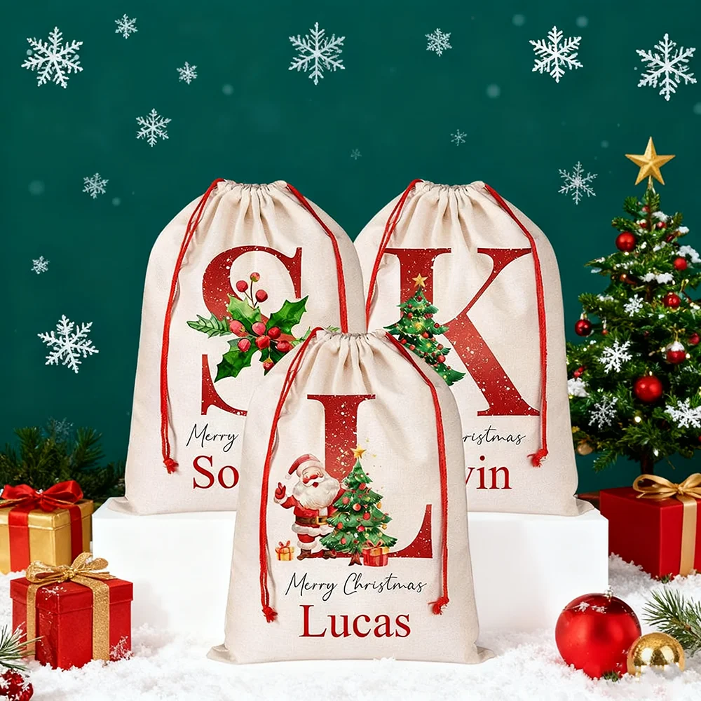 

Personalized Santa Sack with Initial Name Christmas Gift Bag Pouch Christmas Eve Box Sack Bag Holiday Presents Storage New Year