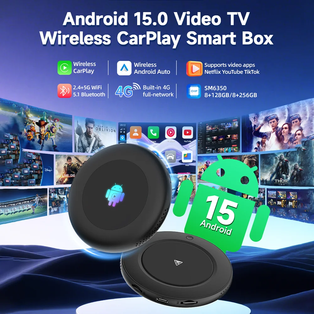 Carlinkit New Android 15.0 Ultra2.0 Wireless CarPlay Ai Box SM6350 8GB+128GB Android Auto Smart Tv Box For YouTube Netfilx IPTV