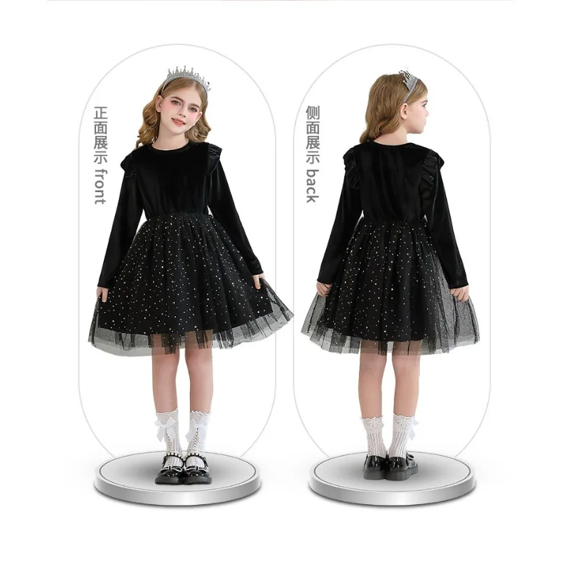 Винтажное платье с длинными рукавами и рюшами, костюм принцессы для рождественской вечеринки, детский зимний костюм, сетчатая юбка со звездами