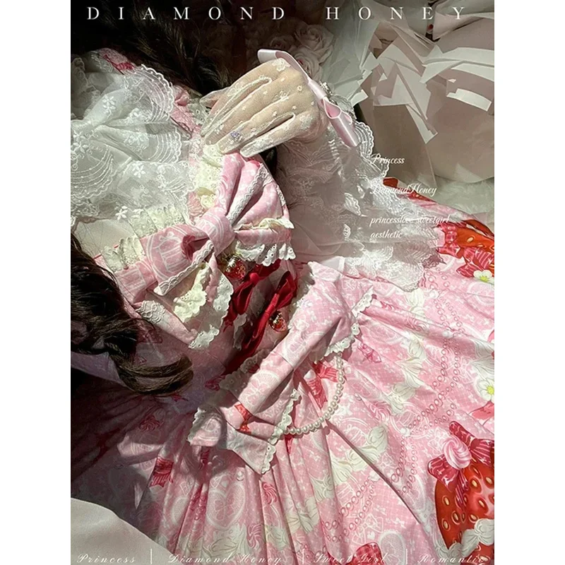 

2025 Spring and Summer Pink Lolita Strawberry Print Strap Women's Cute Sweet Girl Bow Lace Birthday Party Dress yy:89