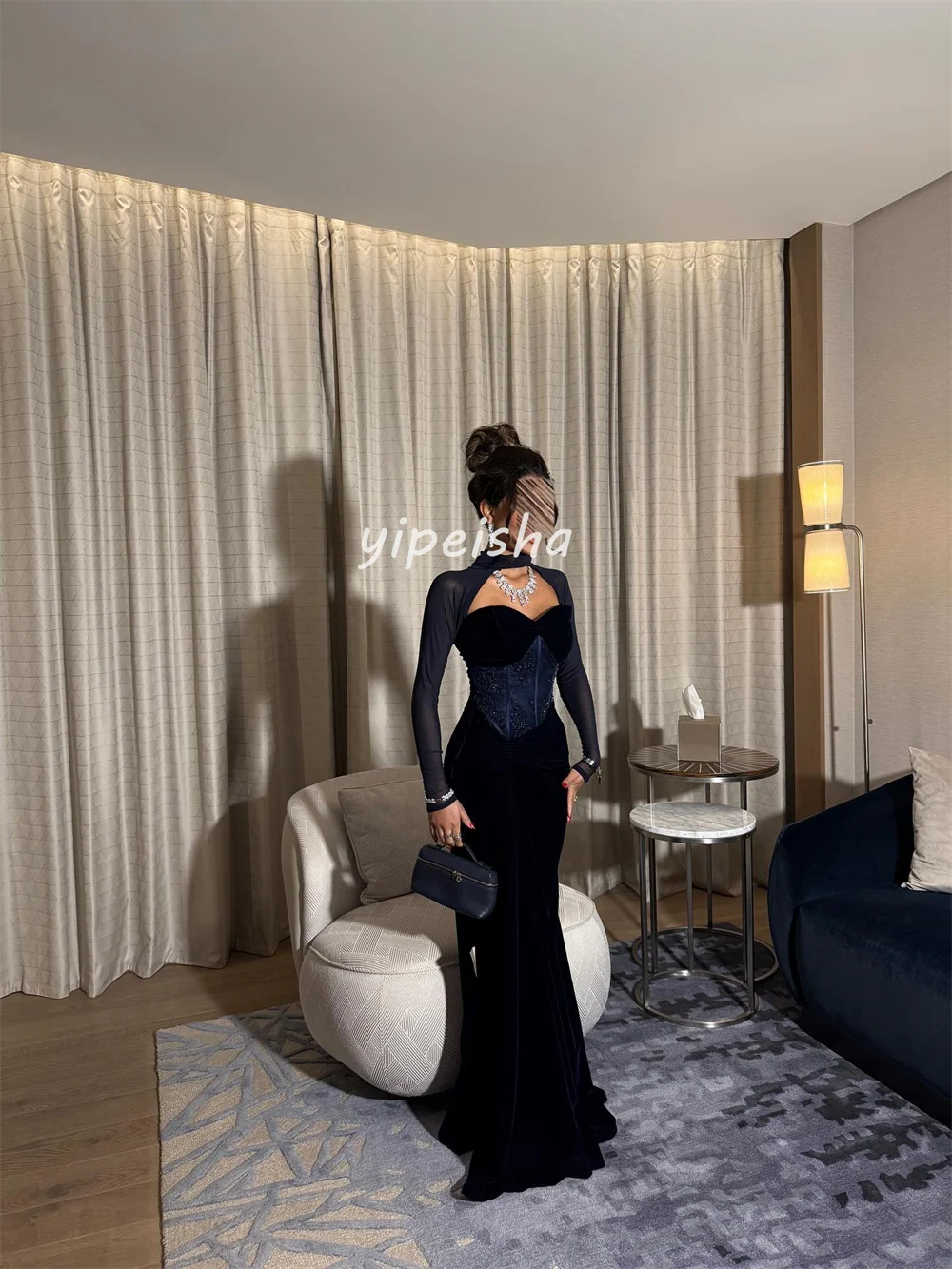 맞춤형 섹시 패션 벨루어 비딩 스팽글 인어 스퀘어 넥 롱 드레스 맞춤형 행사 드레스 다양한 사이즈 제공 레트로