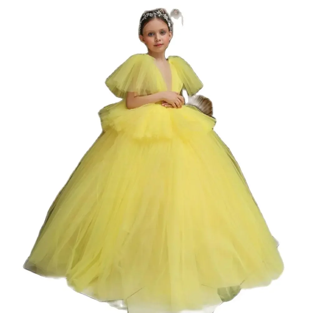 

Pink Kids Flower Girl Dresses Tulle Layers First Communion Dresses Puff sleeves Bow Knot Girl Wedding Little Bride Dresses