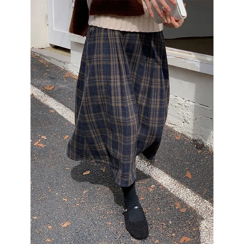 MEXZT Vintage Plaid Midi Skirts Women Harajuku Woolen A Ine Skirt Winter Ladies Streetwear Korean High Waist Casual Faldas New