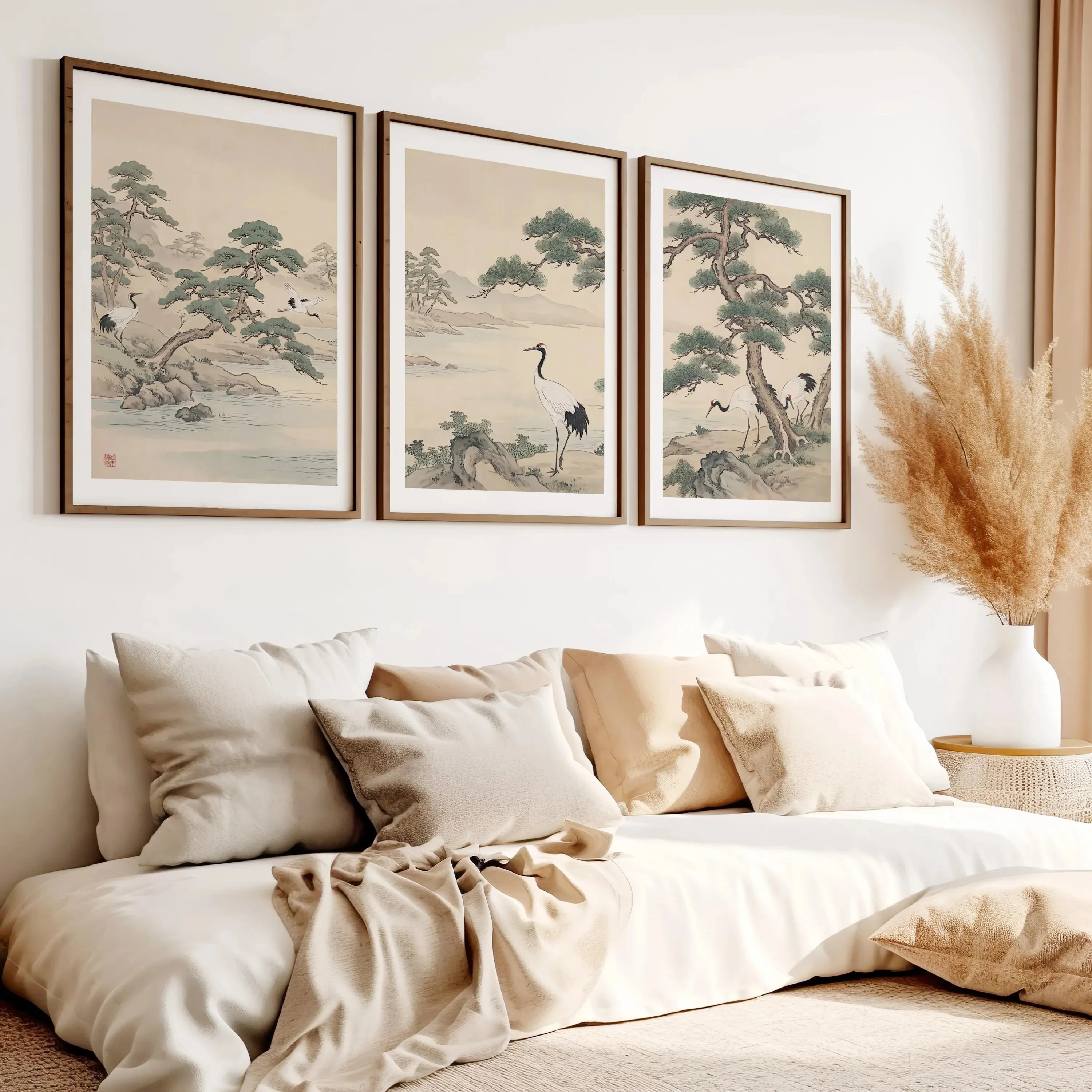 Japanese Landscape Wall Art Set - Cranes and Pine Trees Prints - Japandi Wall Art - Asian Zen Poster Trio - Crane Triptych