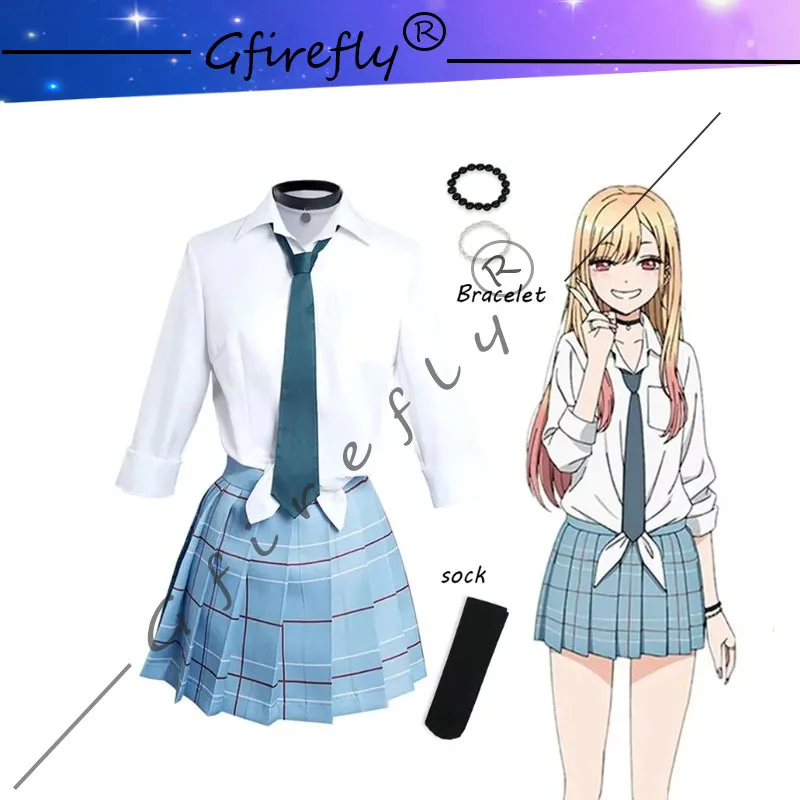 

Anime My Dress-Up Darling Marin Kitagawa Cosplay Costume School Uniform Skirt Outfits Wig Bracelet Halloween Carnival Suit Prop