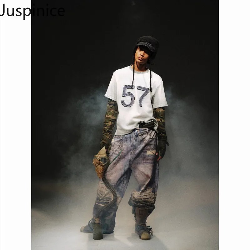 

Juspinice Fashion Vintage New Product Camouflage Splicing Washed Adhesive Cloth Top Retro Fake Two-piece Long Sleeved T-shirt
