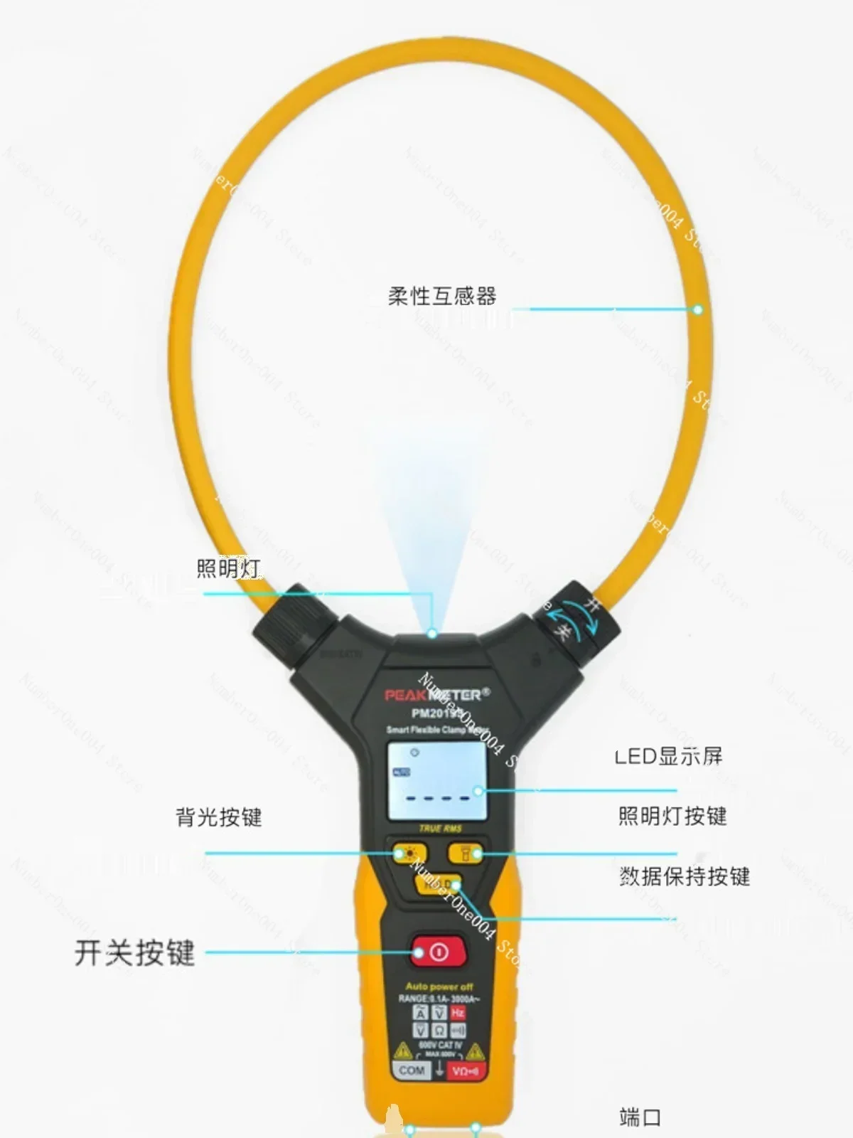 PM2019S Flexible Clamp Ammeter, AC AC3000A Large Jaw 150mm Voltage Resistance Frequency