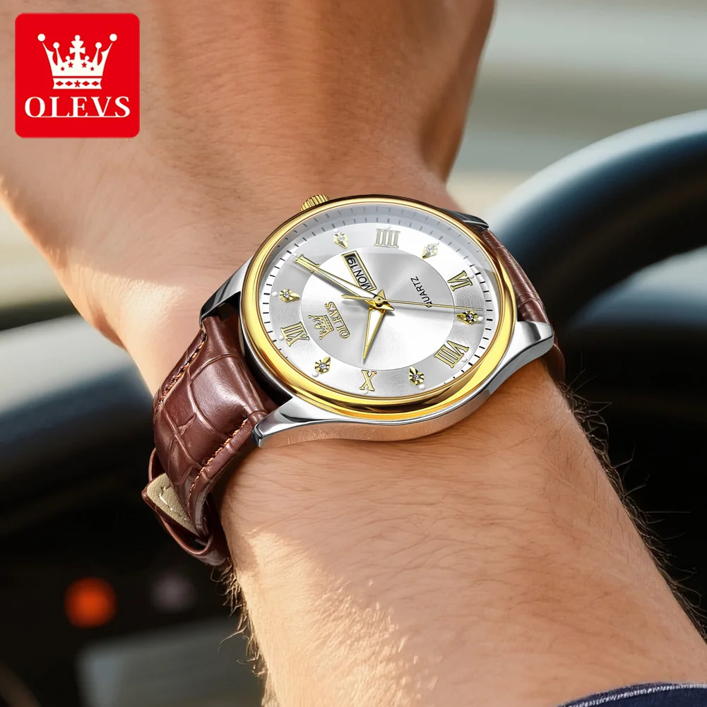 OLEVS 3649 Mens Watch Quartz Watch Multifunctional Chronograph Watch For Men 30m Waterproof Luminous Phase Box Original