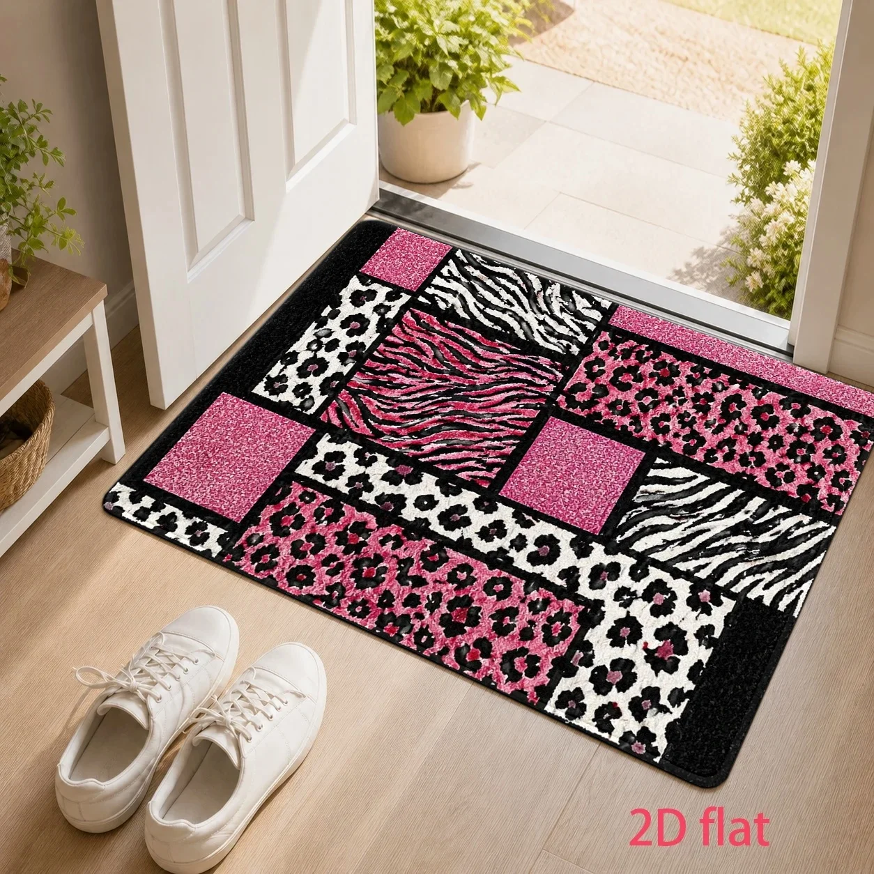 Pink Leopard Zebra Rectangle Door Mat Girly Cheetah Non-Slip Welcome Rug Patchwork Carpet for Home Entrance Porch Decor