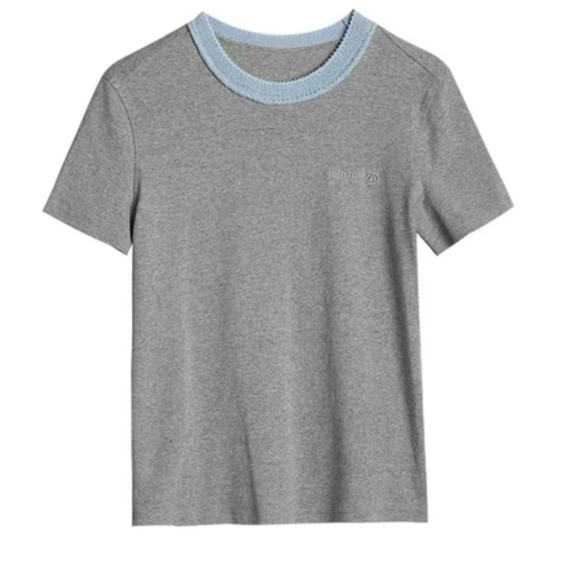 OLrain Dames Zomer T-shirt met korte mouwen 2025 Mode Contrastkleur Borduren Tee Klassieke Veelzijdige O-hals Top O57XT96862