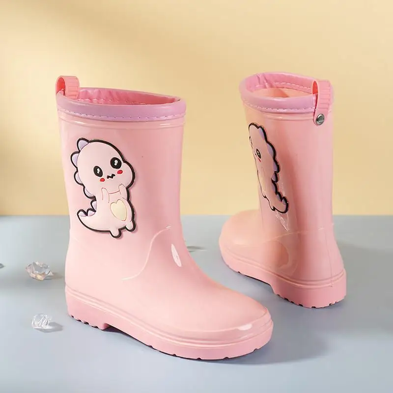 

Anti-Slip Children's Rain Boots Dinosaur Cartoon Mid-Calf Water Shoes Boys' Footwear Comfortable Home Use Wave Pattern Sole