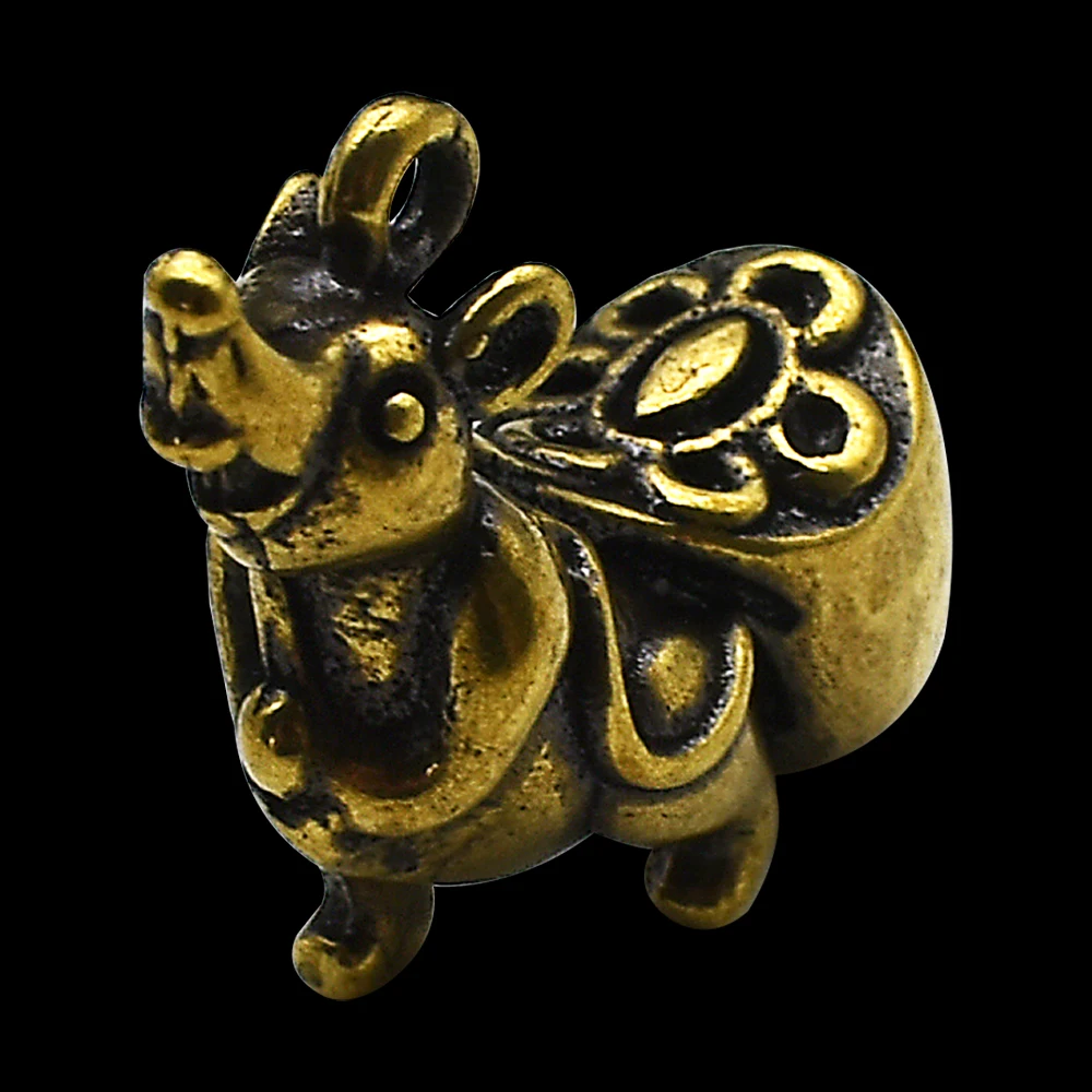 Vintage Brass Zodiac Rat Figurine Money Bag Mouse Pendant Lucky Wealth Feng Shui Charm Keychain Collectible Gift