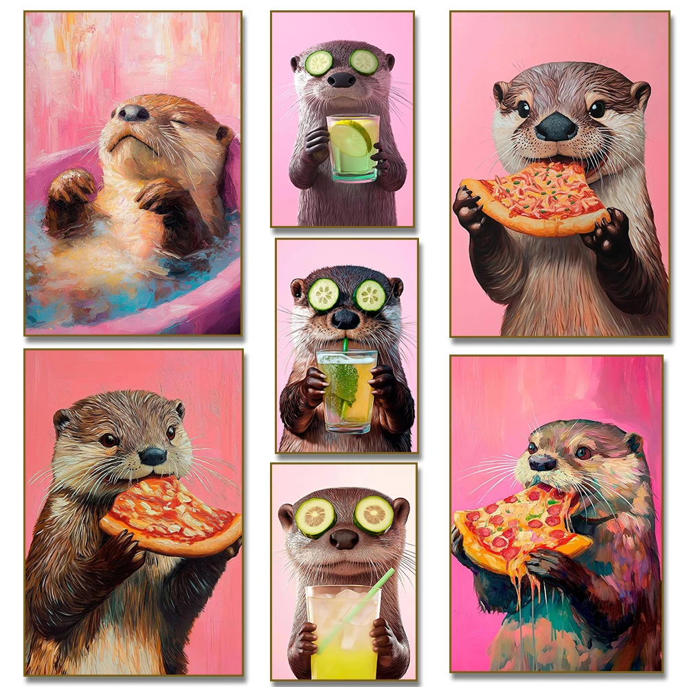 Cute Otter Drink Cocktail Eating Pizza Canvas Painting Print Animal Bar Poster Trendy Dopamine Bathroom Kitchen Home Decor
