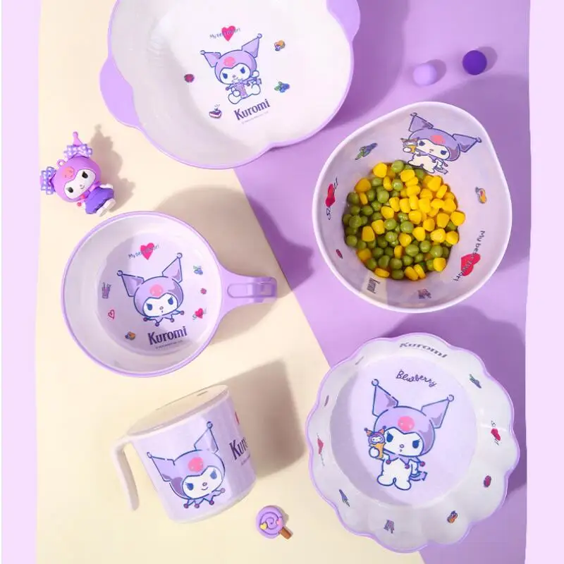 

Hot Sanrio Kuromi Children Tableware Kawaii Student Anime Fashion Spoon Chopsticks Plate Rice Bowl Anti-Fall Thicken Anti-Scald