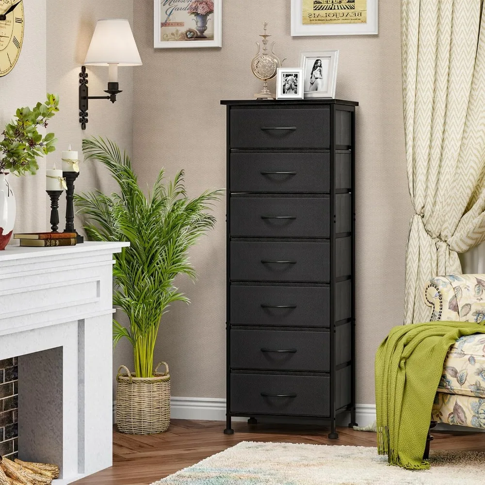 

Black Tall Dresser for Bedroom, Storage Dresser Organizer with 7 Fabric Drawers, Nightstand Furniture in Closet