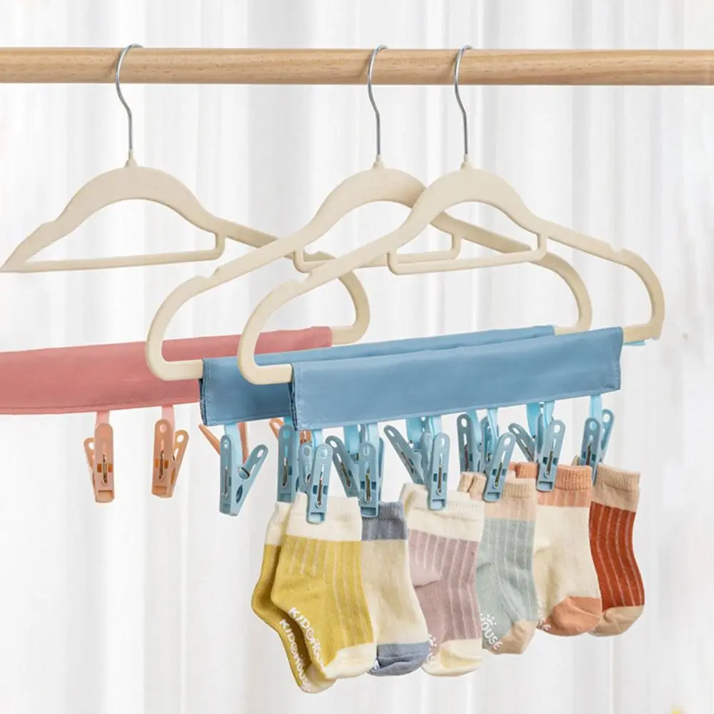 

Multifunctional Hanger Solid Color Folding Clothes Hanger Space-Saving Plastic Portable Drying Rack 6 Clips Sock Clip Dormitory