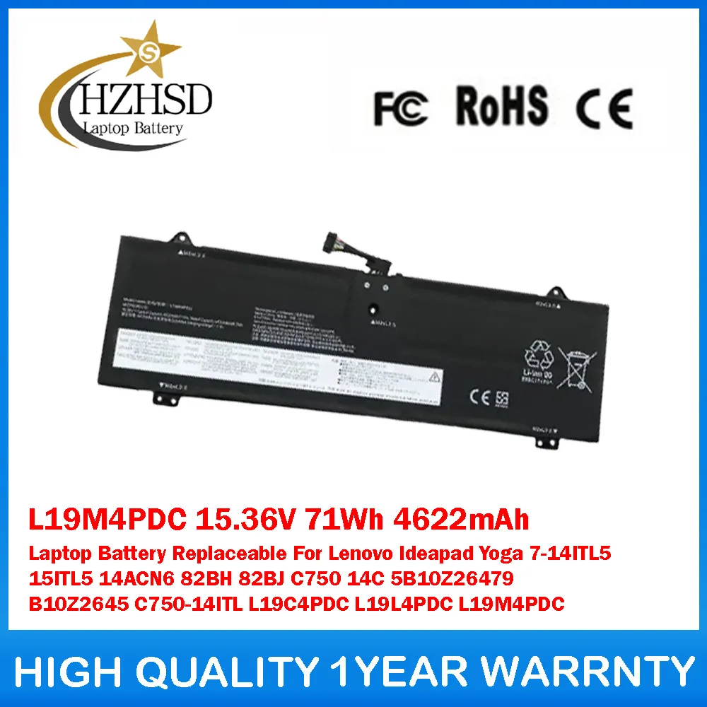 

L19M4PDC 15.36V 71Wh 4622mAh Laptop Battery Replaceable For Lenovo Ideapad Yoga 7-14ITL5 15ITL5 14ACN6 82BH C750 14C 5B10Z26479