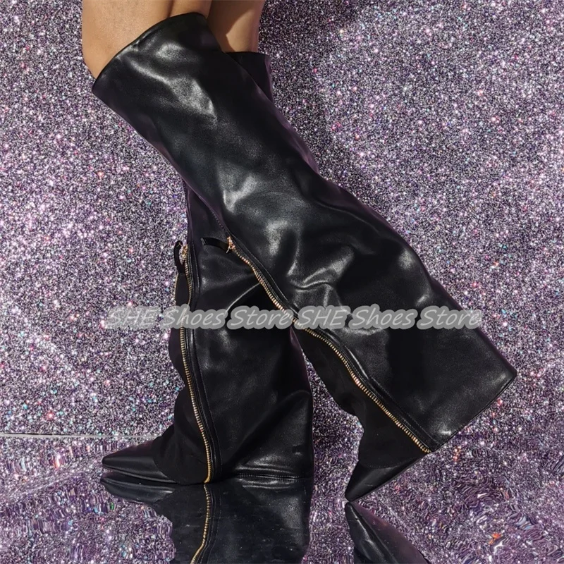 تصميم الأزياء الساقين بنطلون النساء حذاء برقبة للركبة أشار تو عالية الكعب سستة ديكور الجلود أحذية طويلة سيدة فستان الحفلات الأحذية