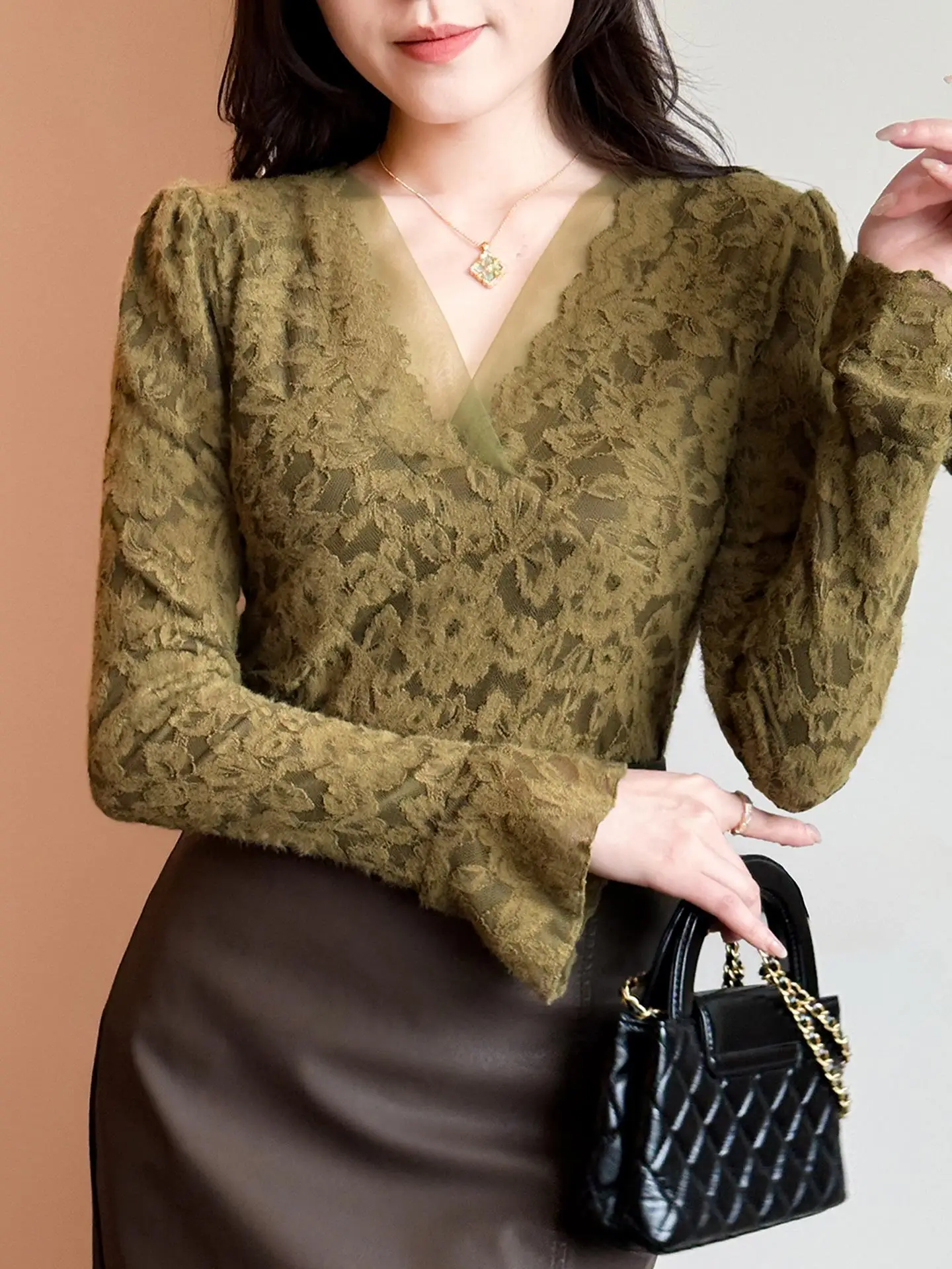 Ele Anti-âge dentelle Base irt femmes automne hiver Sexy V-Ne Slim cloche Sve Long Sve T-shirt motif Floral Brea...