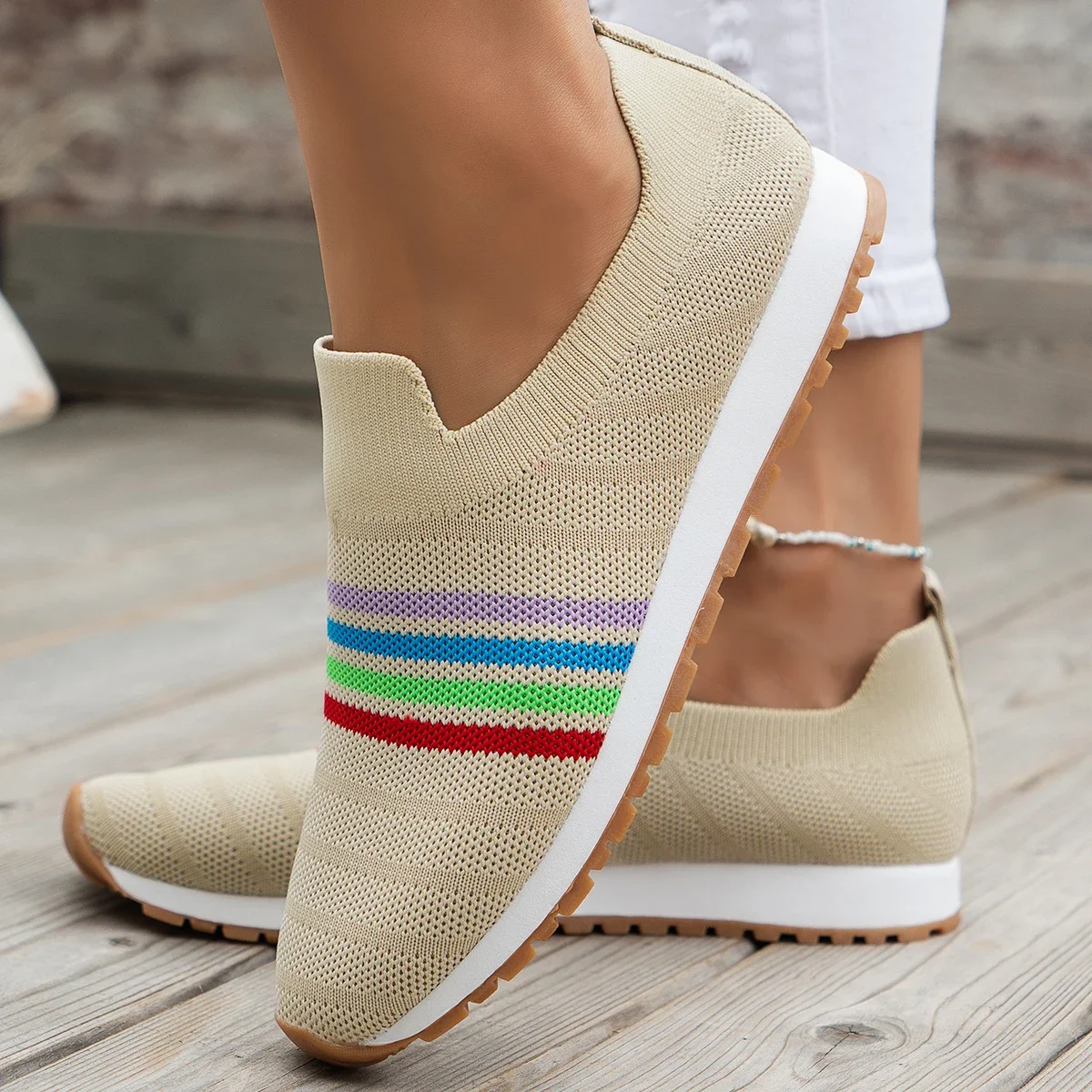 Frauen Casual Turnschuhe Neue Frühling Herbst Atmungsaktive Mesh Turnschuhe Frauen Komfortable Regenbogen Gestrickte Flach Geschnitten Flache Beiläufige Schuhe