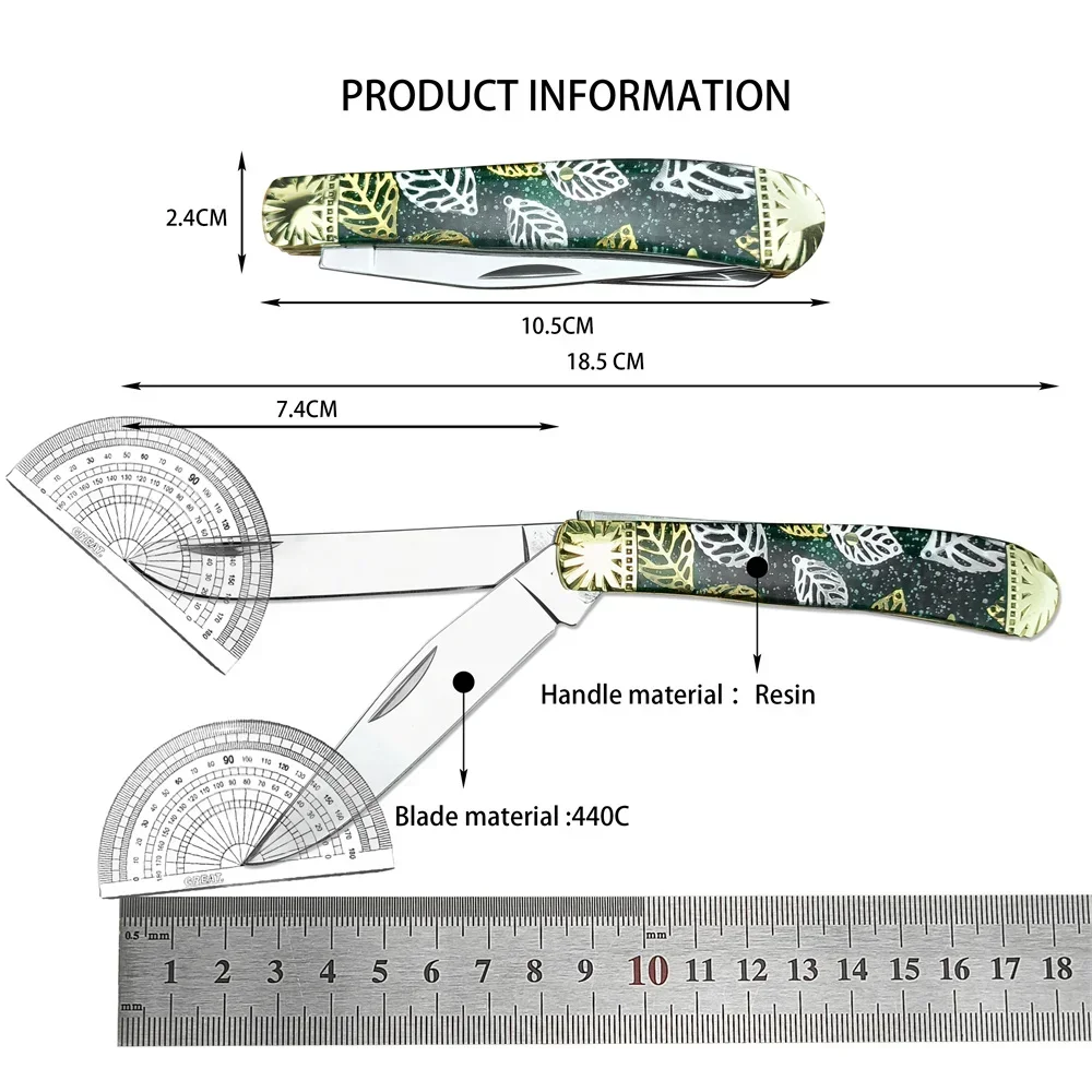 2024 New Folding Pocket Knife 440C Twin Blades Brass+resin Handle Outdoor Hunting Camping Fruit Knives Multi Tool Christmas Gift