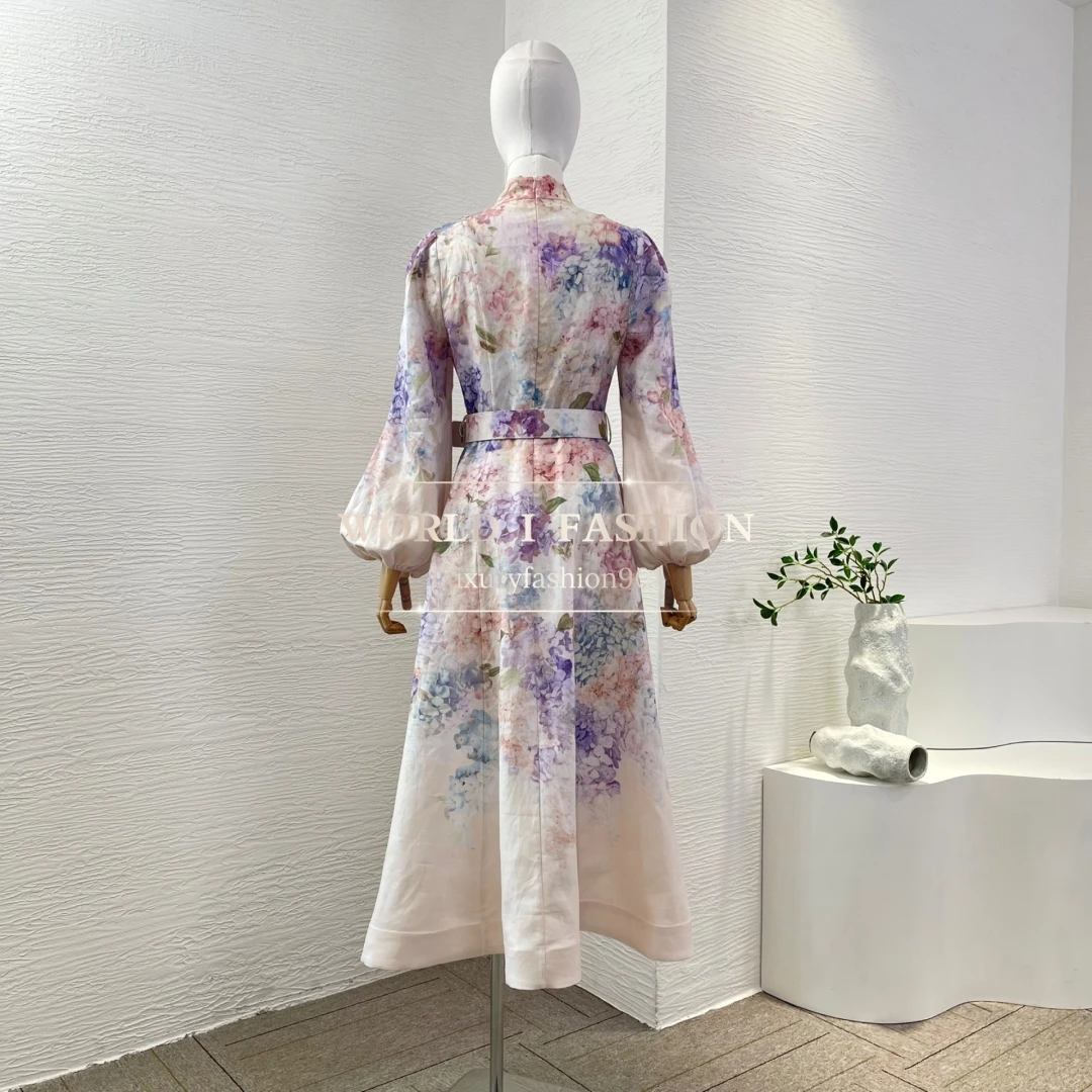 Nouveau Printemps multicolore imprimé fleuri à manches longues col montant robe mi-longue pour les femmes