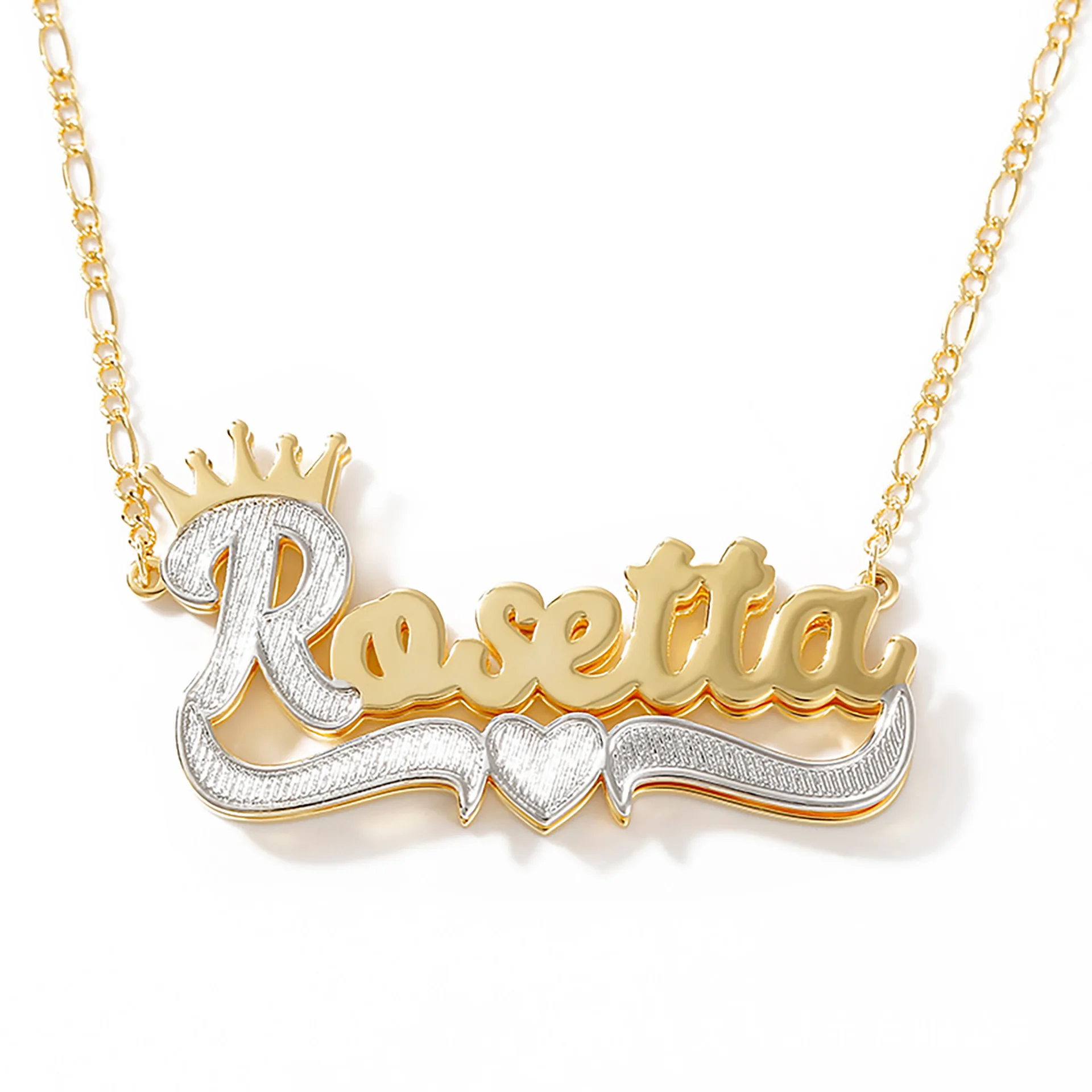 Double Layer Two Tone with Crown Heart Personalized Gold Plated Name Necklace Custom Name Necklace in Stainless Steel