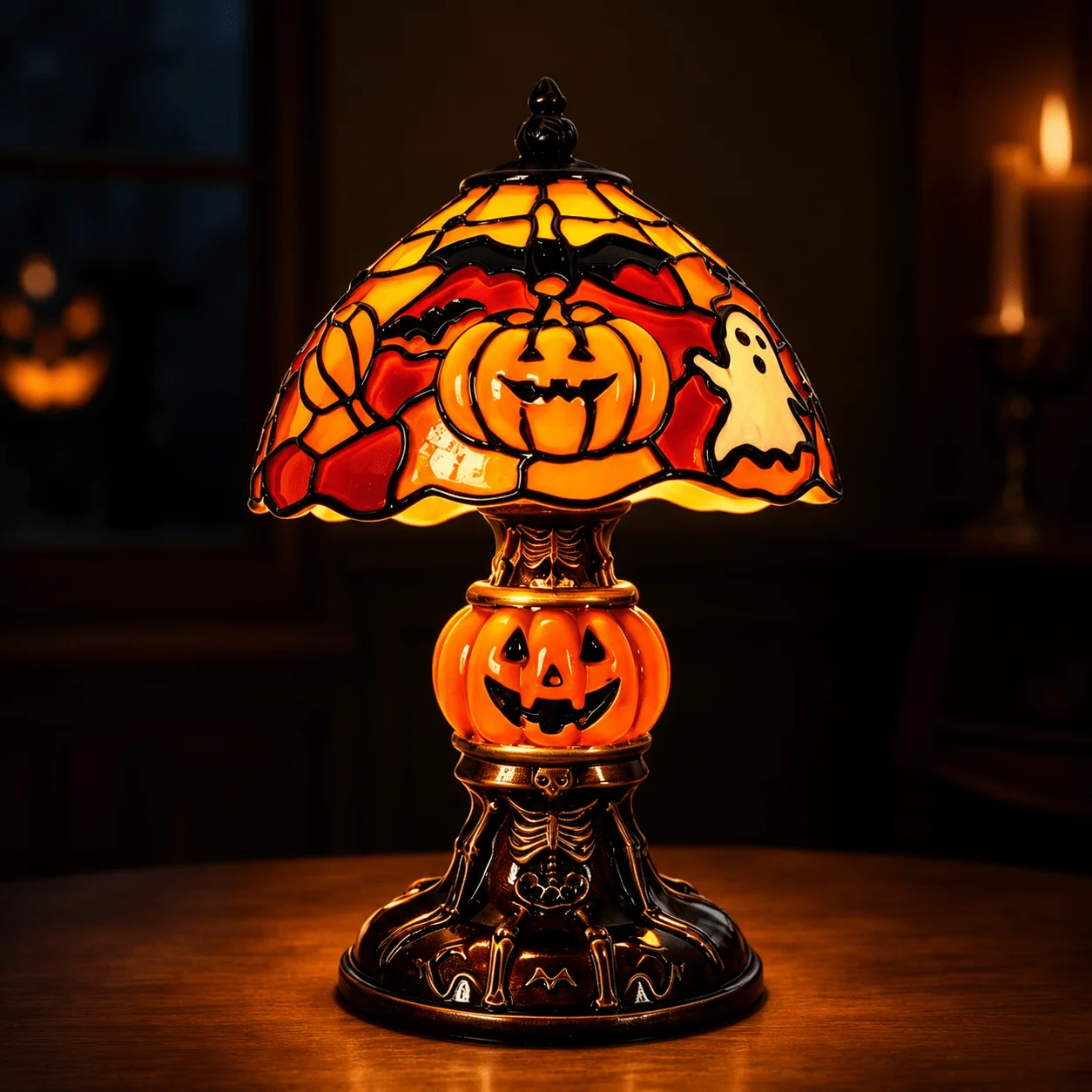 Halloween Pumpkin Decor Mushroom Shaped Desktop Statue Ghost Bat Pumpkin Pattern Atmosphere Statue Lamp Retro Painted Style Desktop Pumpkin Decoration Bedroom Living Room Party Home Festival Gift