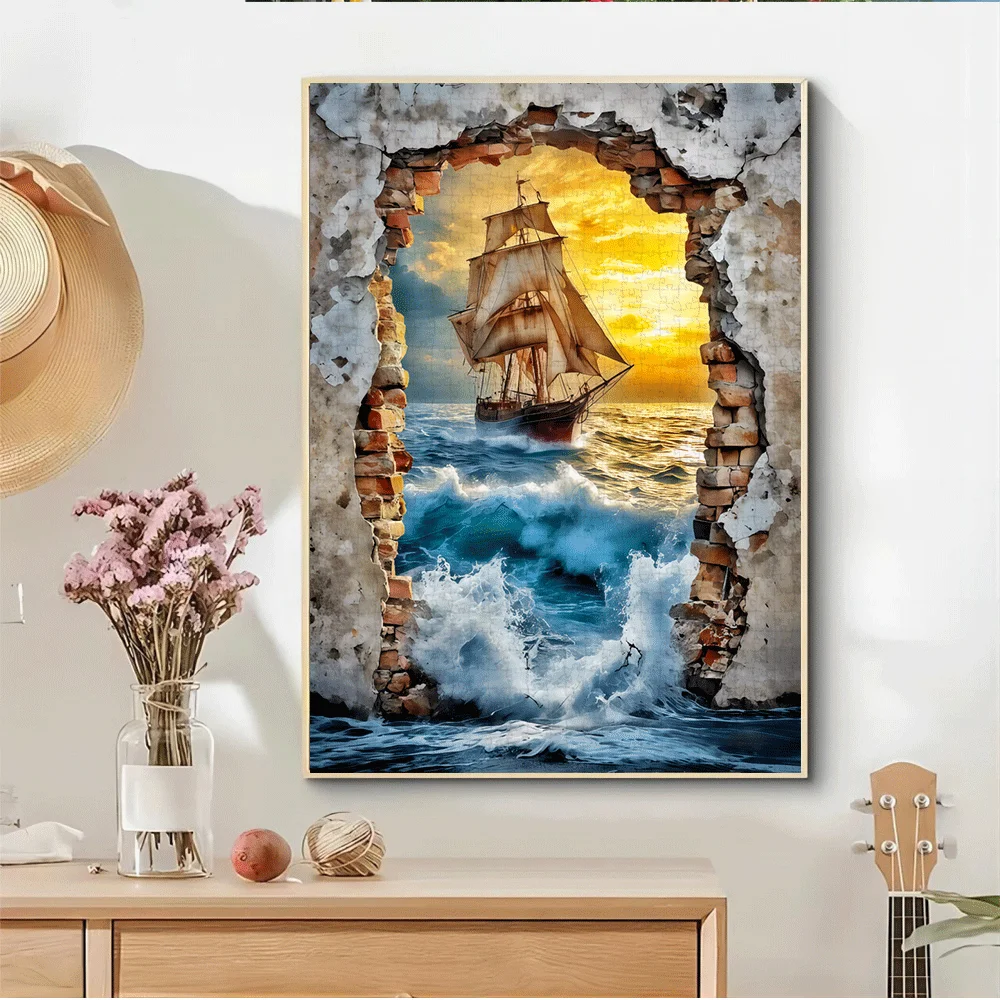 Puzzle dla dorosłych, składające się z 1000 elementów, przedstawiające żaglówkę na burzliwych morzach, uzupełnione zniszczonymi murami z cegły. I