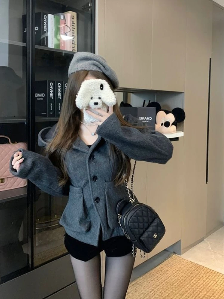 معطف كلاسيكي أنيق للسيدات موضة Y2k تصميم جيب هاراجوكو دافئ بقلنسوة ملابس خارجية على الموضة الكورية سترة أنيقة 2025 جديد #5