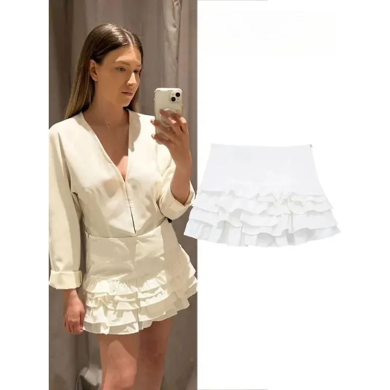 ASDS 2024 women's summer retro white high waist ruffle mini skirt fashion zipper pleated slim fit women's sweet mini skirt Y2K