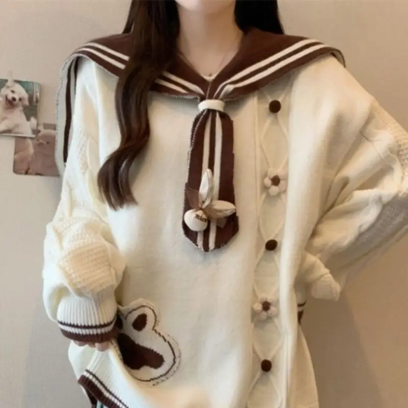 

Sweater Knitwear Women's Maillard Brown Knit Sweater Big Size Women Clothing Autumn Winter New Plus Size Midi Length Navy