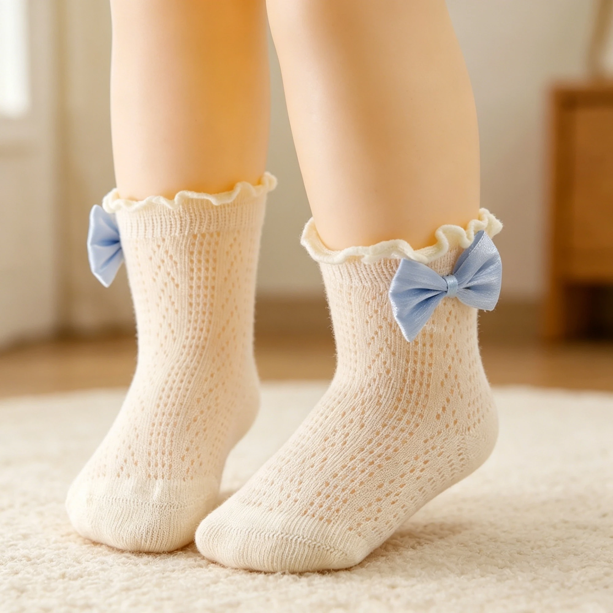 Toddler Baby Girl Socks Stylish Cute Lettuce Trim Bow Design Soft Infant Mesh Crew Socks