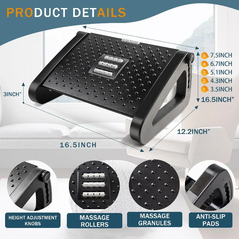 Under Desk Footrest Ergonomic Foot Stool with Massage Rollers Desk Leg Rest Pain Relief for Home