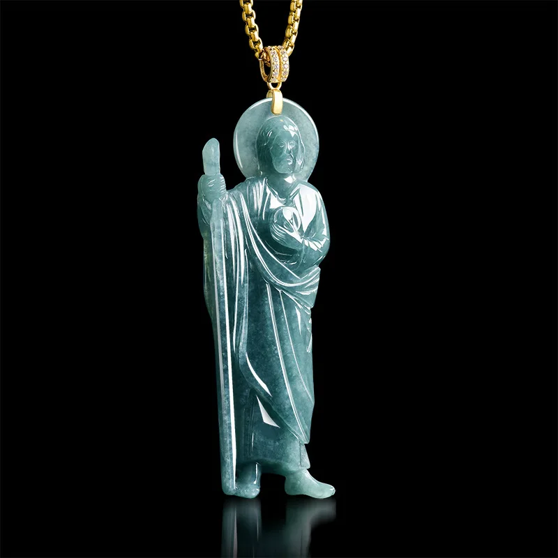 

Натуральный нефритовый кулон Saint Jude класса А, цвета голубой воды, из ледяного жадеита, для мужских талисманов и женских украшений, дропшиппинг